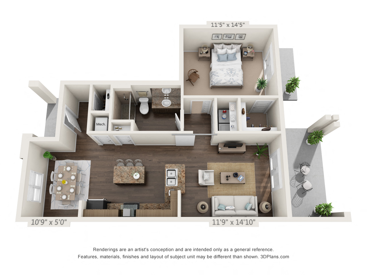 Floor plan for 1 bed, 1 bath, 943 sqft